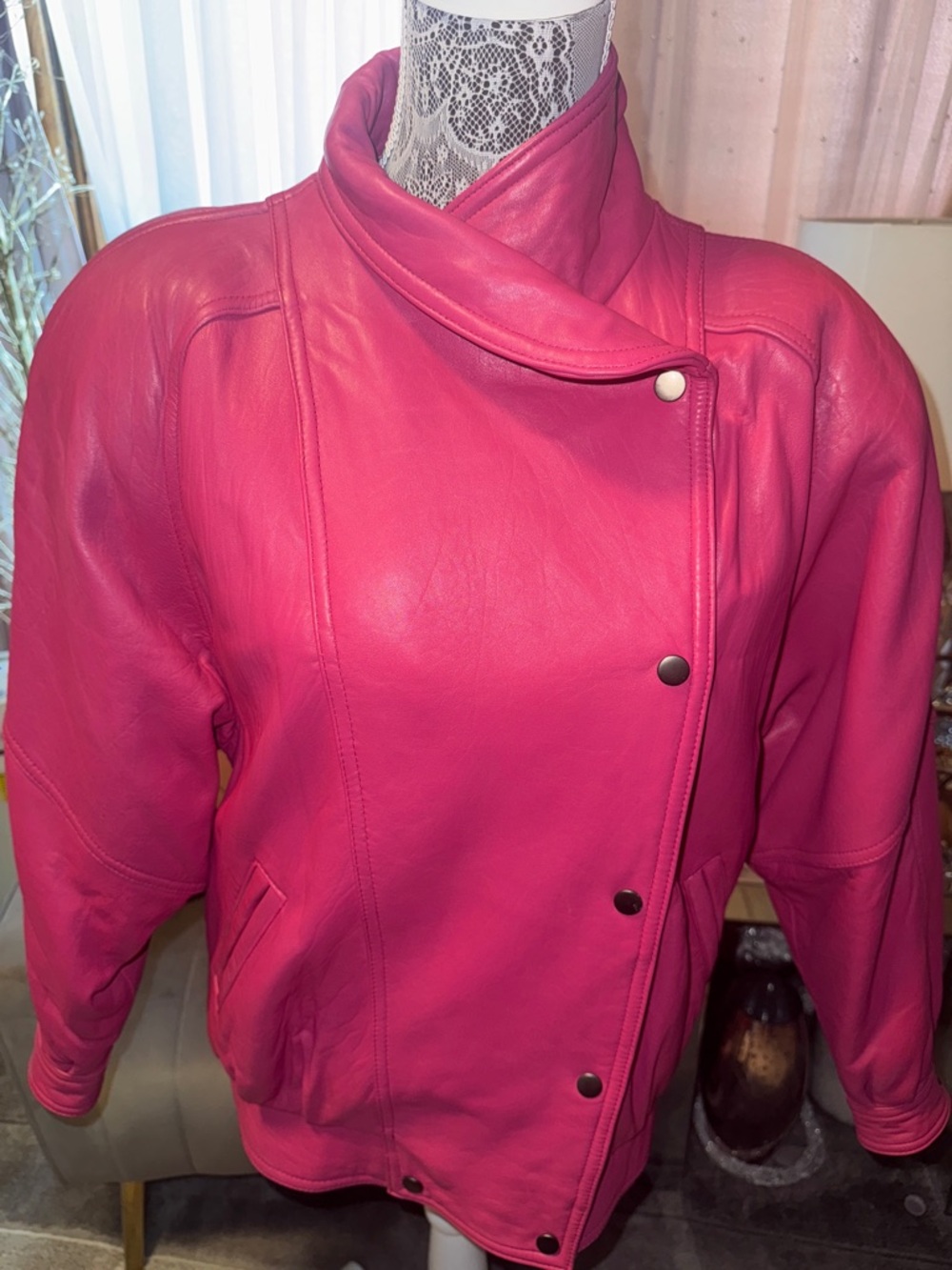 90s Vintage lipstick, pink, leather bomber jacket, size medium